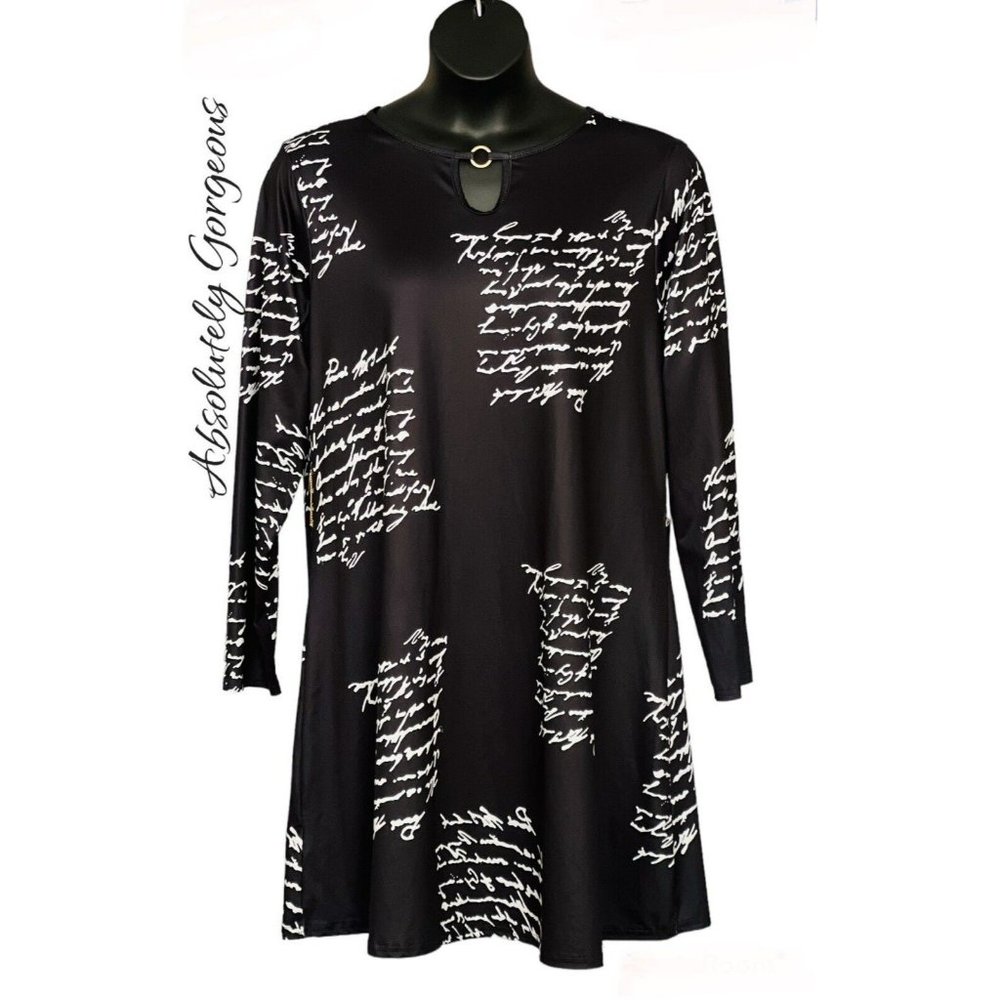 NWOT BLACK/WHITE 2XL CURSIVE LETTERS KEYHOLE L/SLVS STRETCHY SHIFT DRESS/L.TUNIC